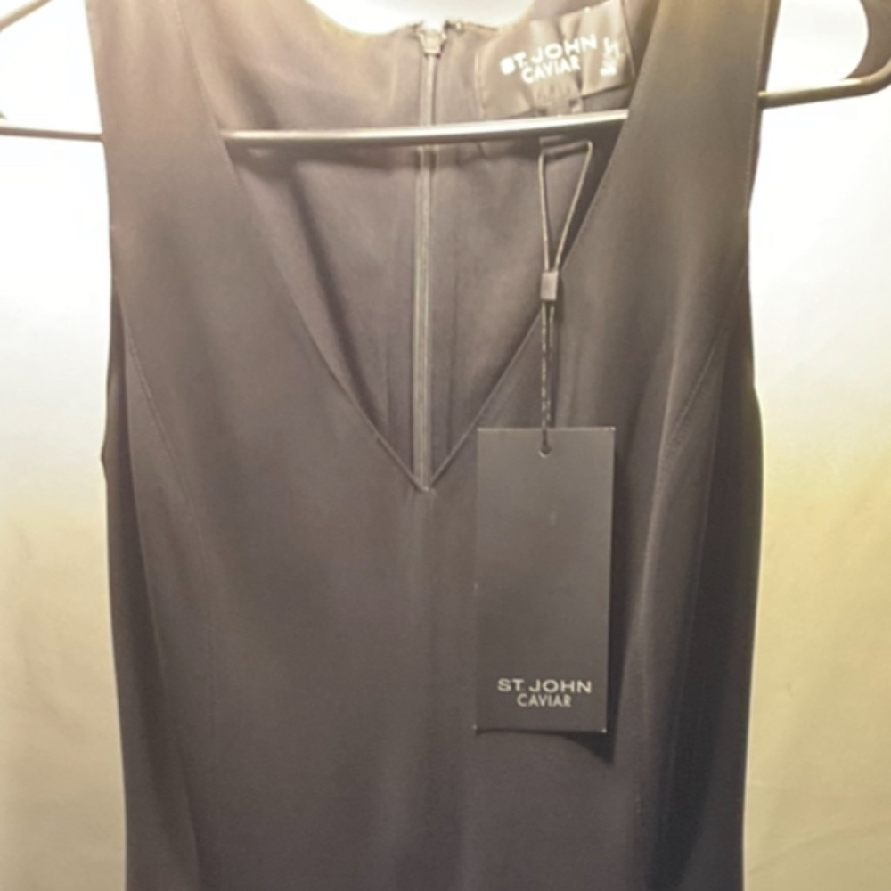 St John Caviar Sleeveless V Neck Pleated A Line Dress Belted Black SZ 2 W/tags